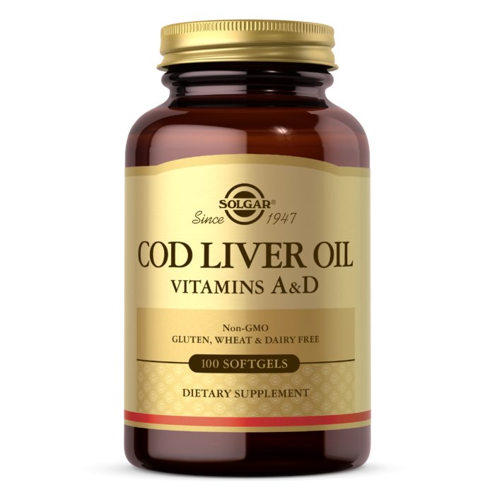 Solgar mencu aknu eļļa – A un D vitamīni – Mencu aknu eļļa – A un D vitamīnu uztura bagātinātājs, 100 kapsulas