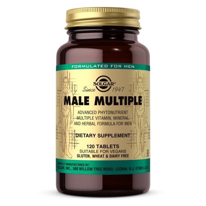 Solgar Male Multiple – īpaša vitamīnu un minerālvielu formula ar dabīgām sastāvdaļām 120 tabletes