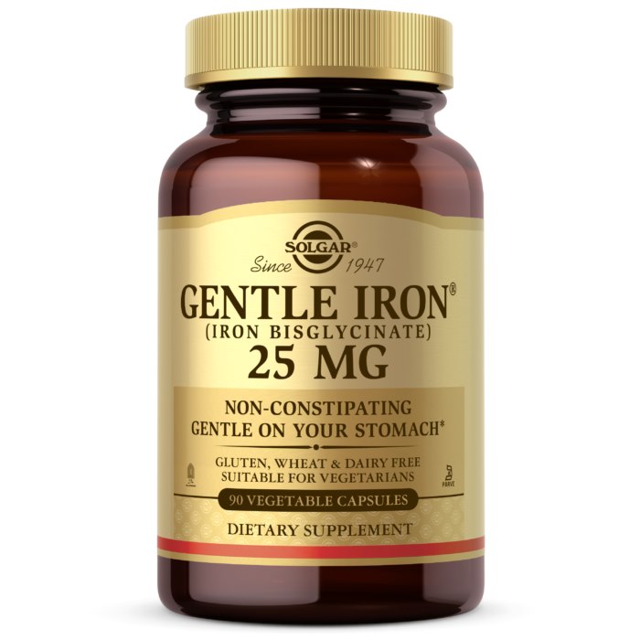 Solgar Gentle Iron 25 mg – maigi iedarbīgs dzelzs savienojums – dzelzs bisglicināts 90 kapsulas