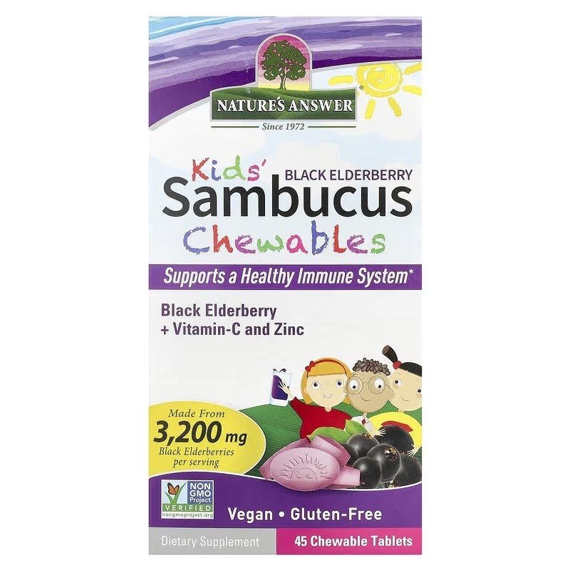 Nature's Answer Bērnu košļājamās Sambucus tabletes ar plūškoka ogām, 45 tabletes