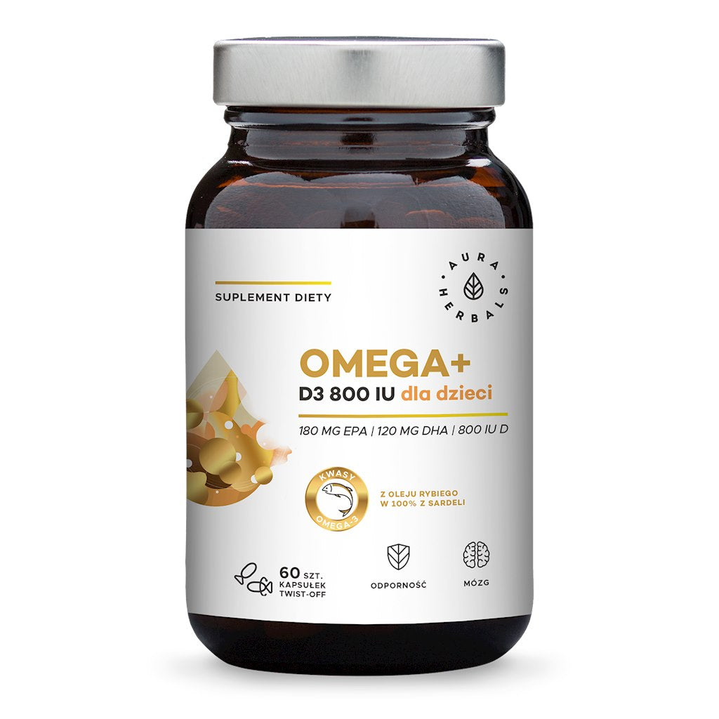 AURA HERBALS Omega+ bērniem, atveramas kapsulas - Omega 3 taukskābes 180 EPA 120 DHA + D3 vitamīns 800 SV 60 kaps.