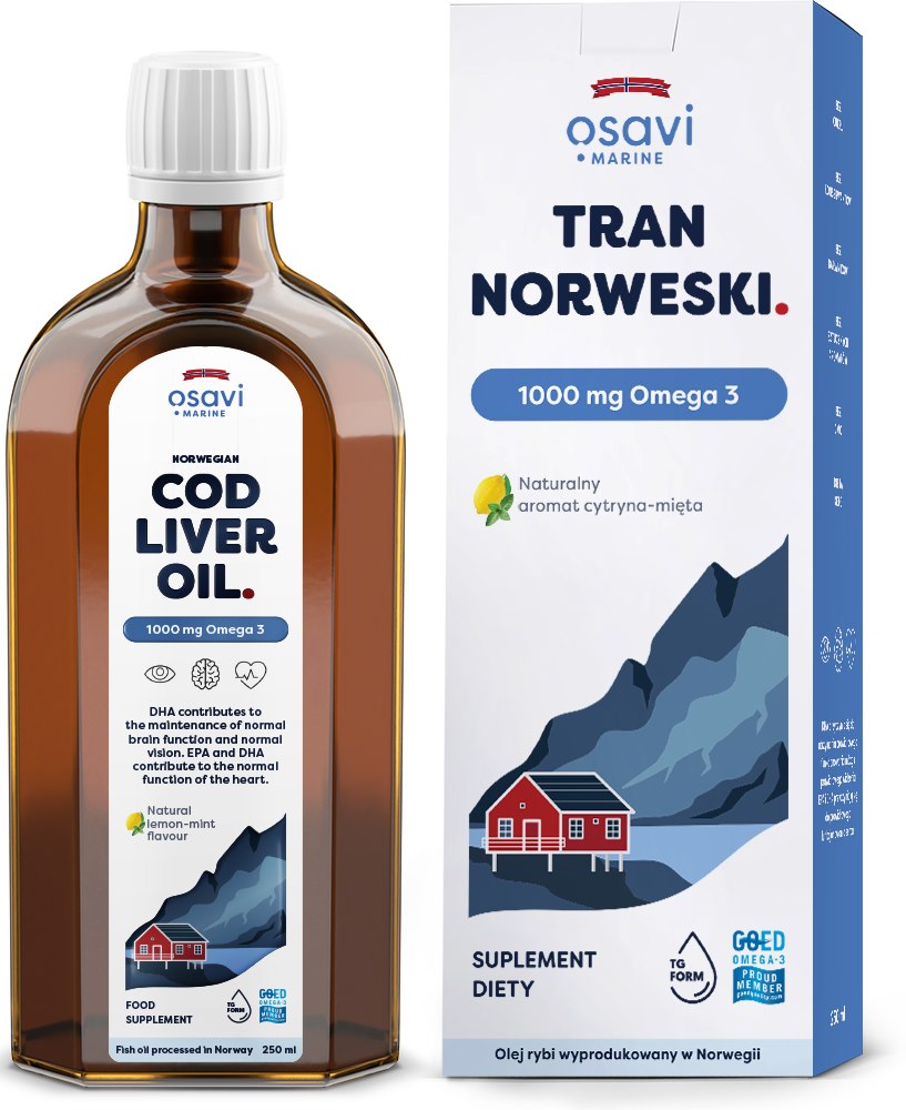 Osavi Norvēģijas mencu aknu eļļa 1000 mg Omega 3 – citronu un piparmētru garša 250 ml