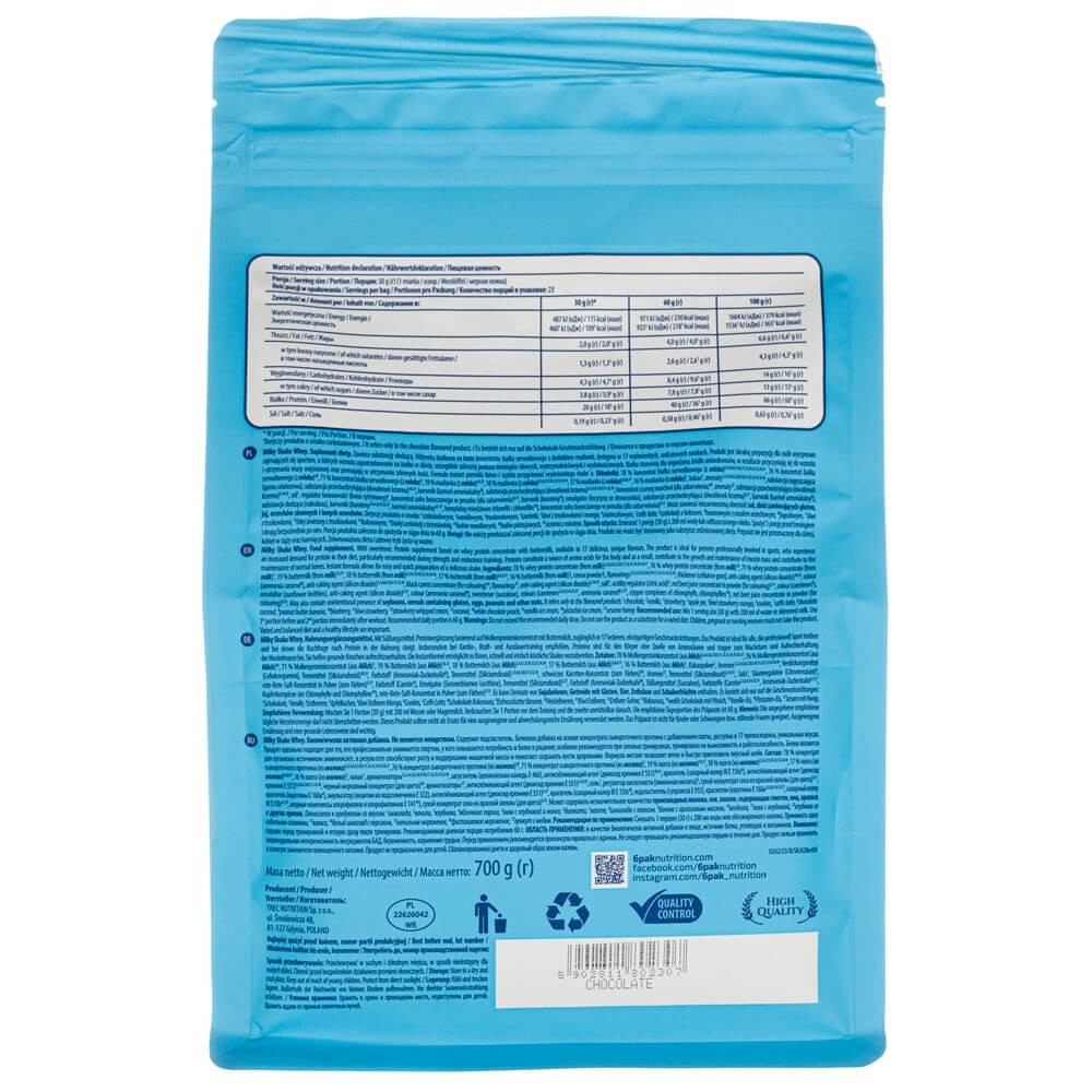 6PAK Milky Shake Whey, šokolādes garša - 700 g