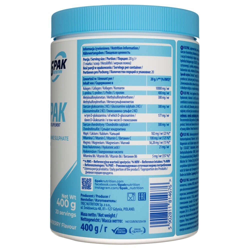 6PAK Flex Pak, hidrolizēts kolagēns + MSM + glikozamīna sulfāts, zemeņu garša - 400 g