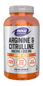 NOW FOODS L-arginīns 500 mg + L-citrulīns 250 mg 240 kaps.
