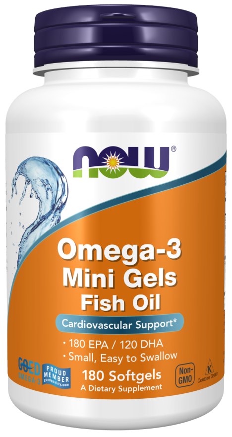 Now Foods Omega 3 mini gēli – DHA 120 mg + EPA 180 mg 180 kapsulas