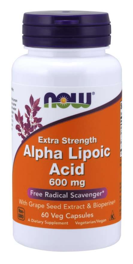 NOW FOODS ALA - alfa lipoīnskābe 600 mg + vīnogu ekstrakts + bioperīns 60 kaps.