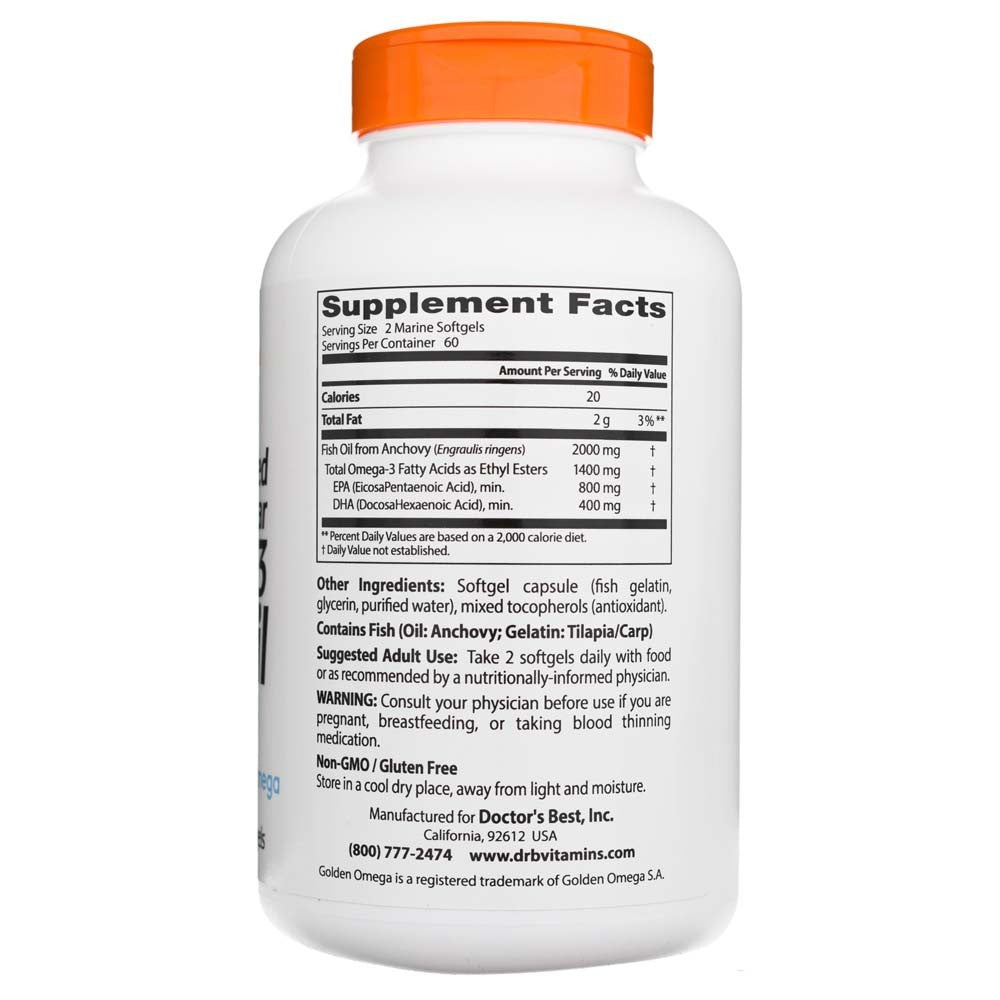 Doctor's Best attīrīta un dzidra Omega 3 zivju eļļa ar Goldenomega 1000 mg - 120 kapsulas