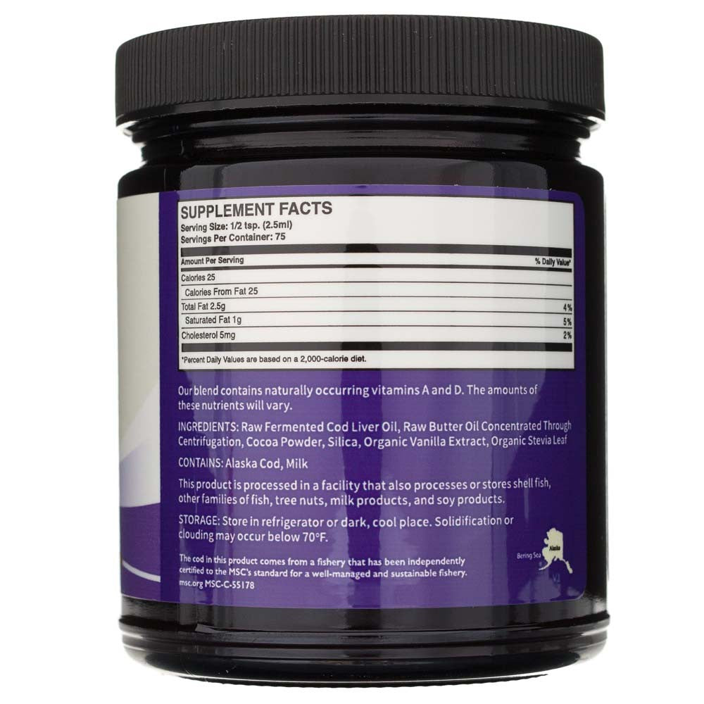 Green Pasture fermentuotas menkių kepenų aliejus ir koncentruotas sviesto aliejų mišinys, šokoladas, gelis - 188 ml - Magnis.lt