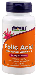 Folic Acid with Vitamin B12, 800mcg - 250 tablets - NOW Foods
