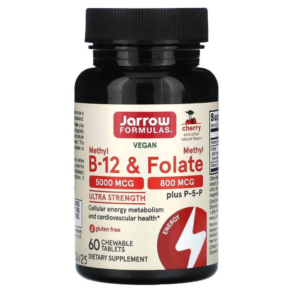 Jarrow Formulas Metil B-12 5000 mcg ir metilo folatas 800 mcg, vyšnių skonio - 60 pastilių - Magnis.lt