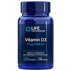 Life Extension vitamīns D3 75 mcg (3000 SV) – 120 mīkstās želejas kapsulas