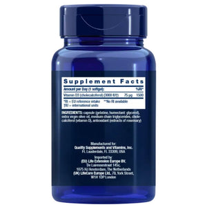 Life Extension vitamīns D3 75 mcg (3000 SV) – 120 mīkstās želejas kapsulas