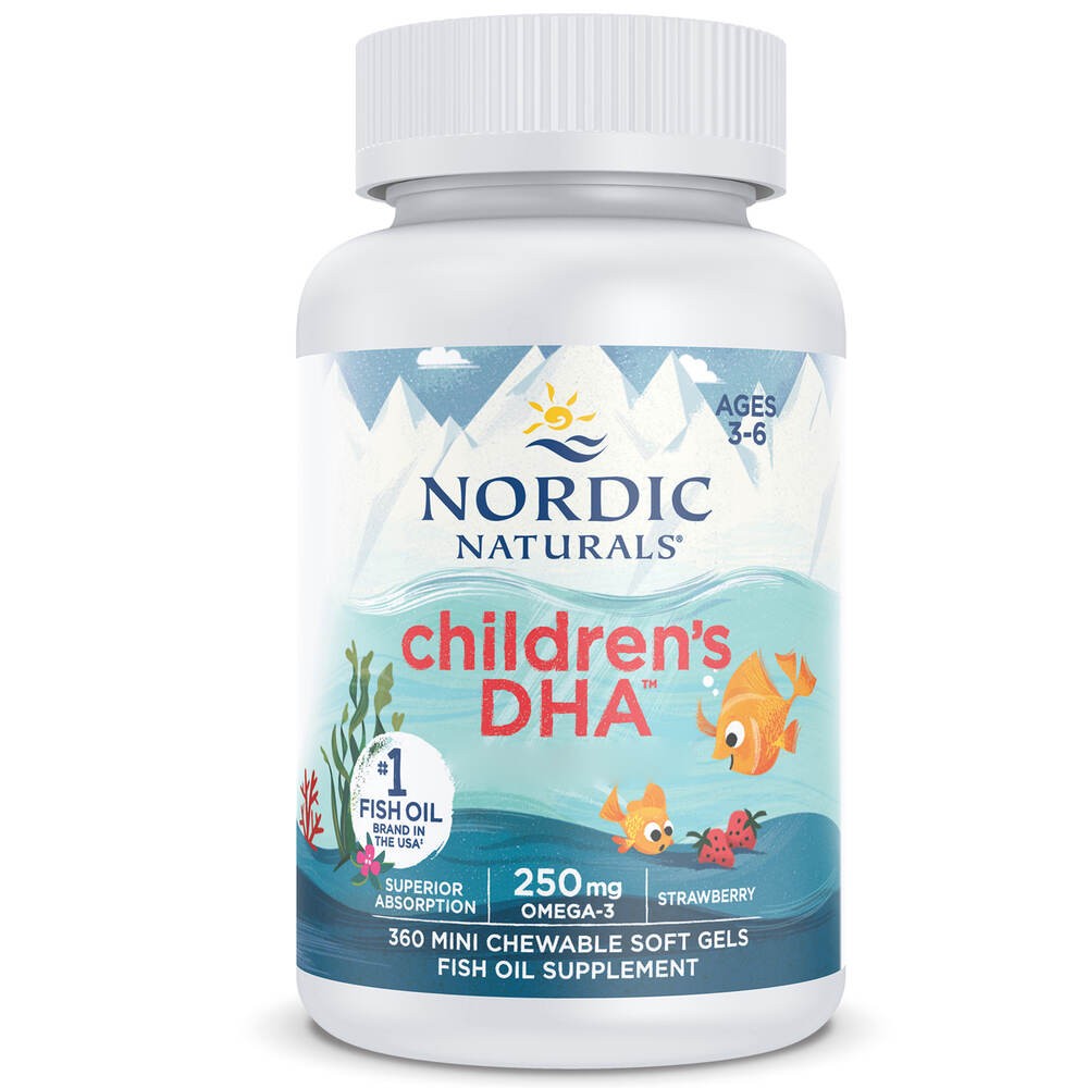 Nordic Naturals DHA, Omega-3 250 mg vaikams, braškių skonio - 360 mini kapsulių - Magnis.lt