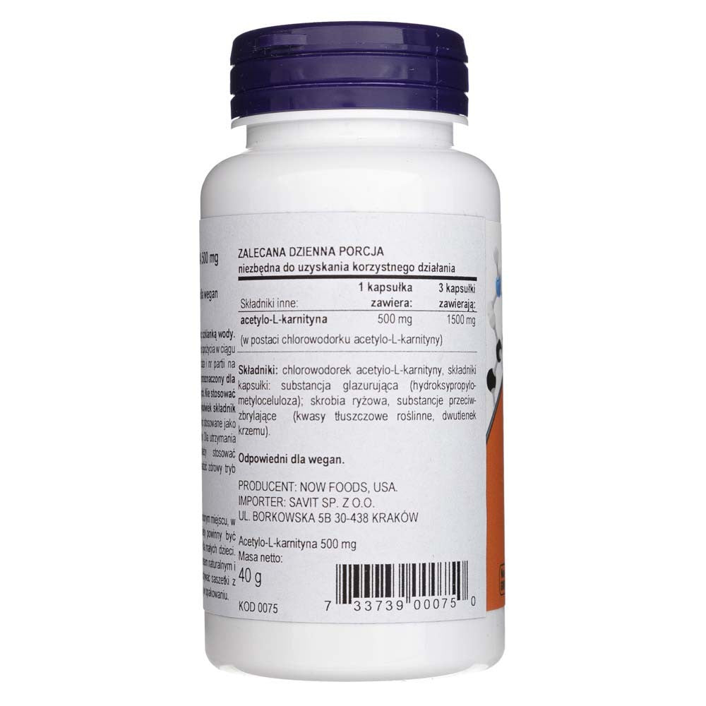 Now Foods Acetil-L-karnitīns 500 mg - 50 kapsulas