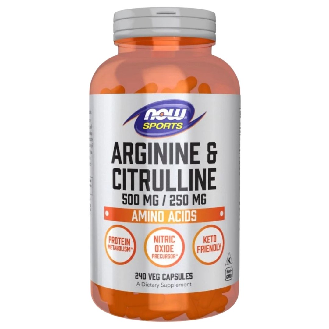 Now Foods L-arginīns 500 mg un L-citrulīns 250 mg — 240 kapsulas