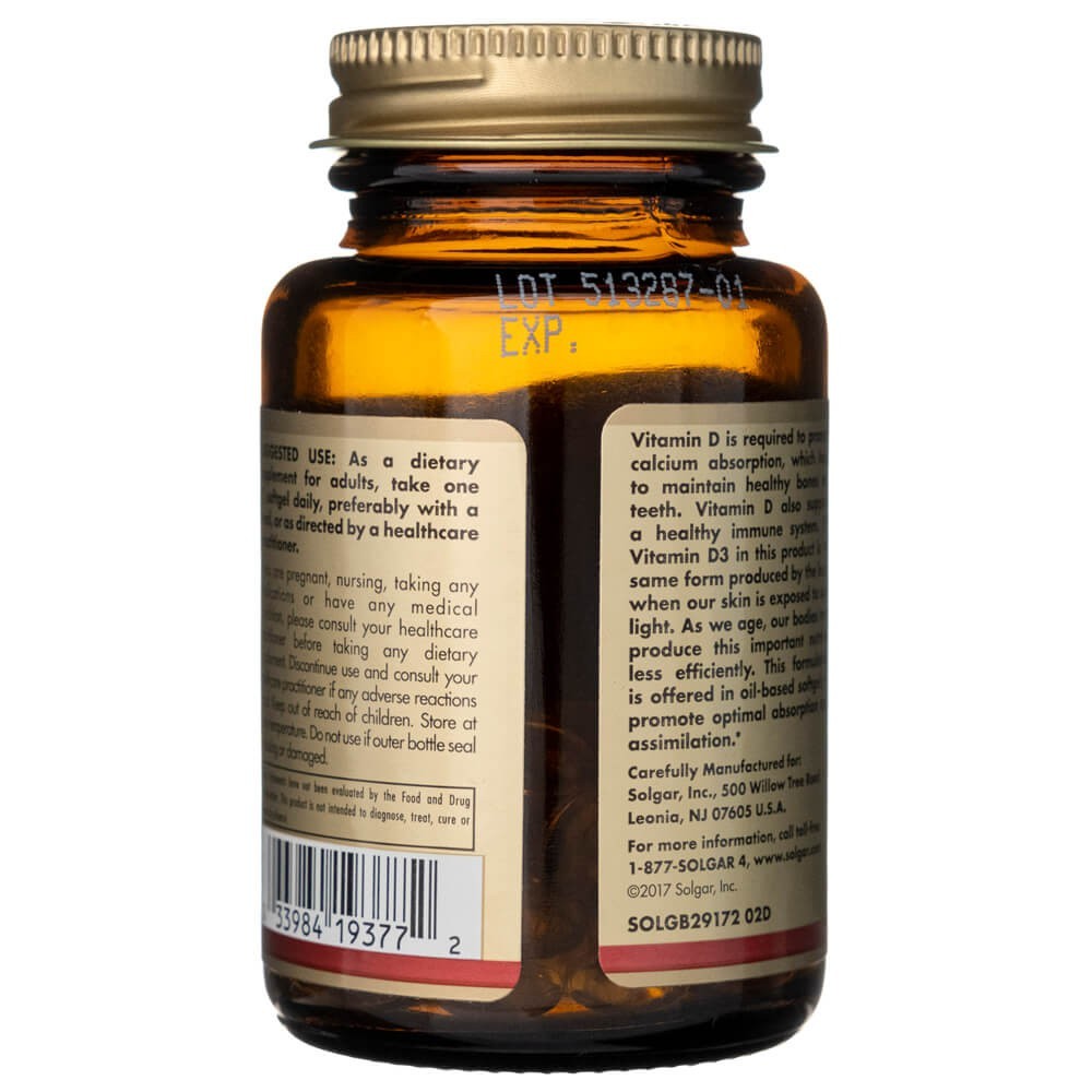 Solgar D3 vitamīns 125 mcg (5000 IU) - 100 mīkstās želejas kapsulas