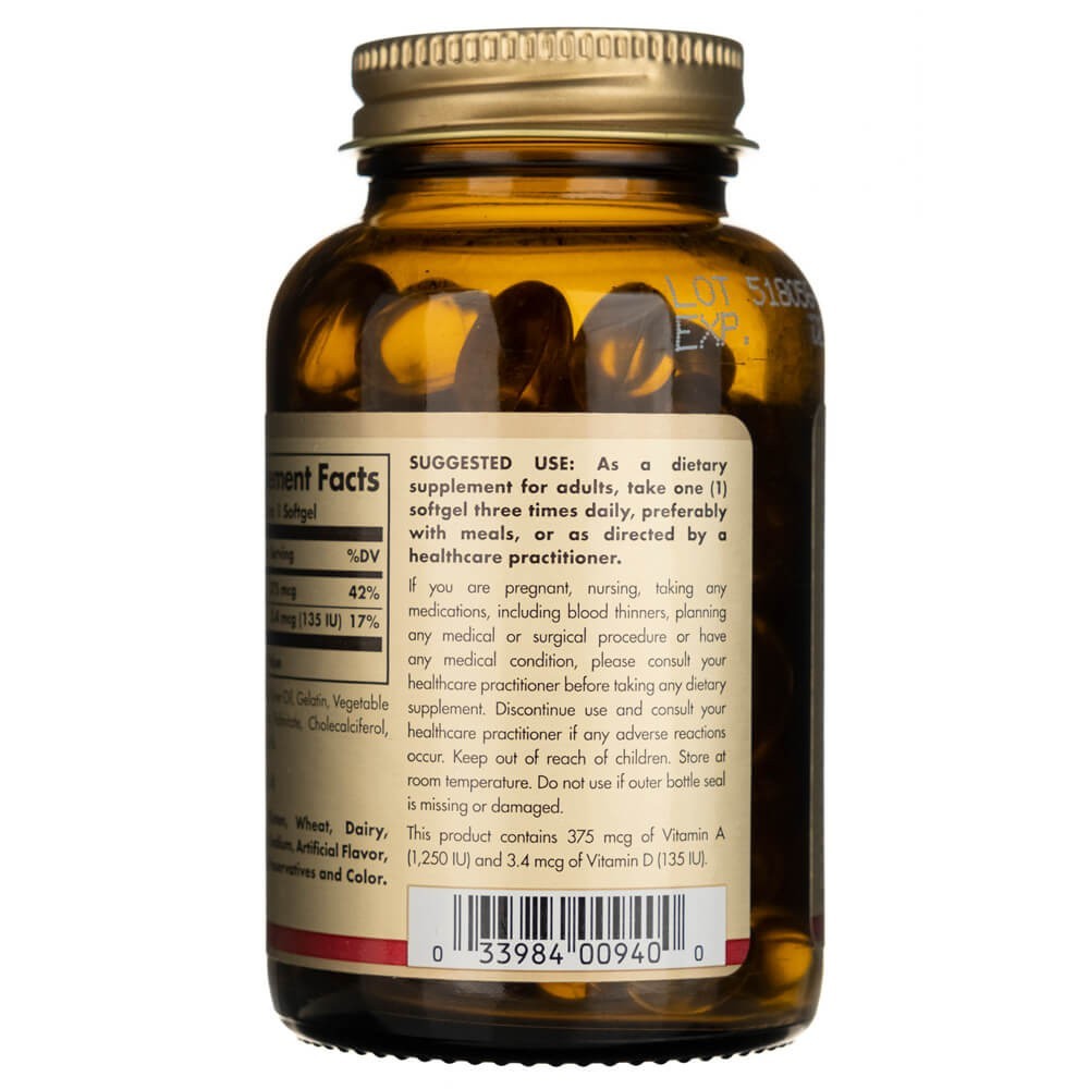 Solgar menkių kepenų aliejus (vitaminas A ir D) - 100 minkštųjų gelių - Magnis.lt
