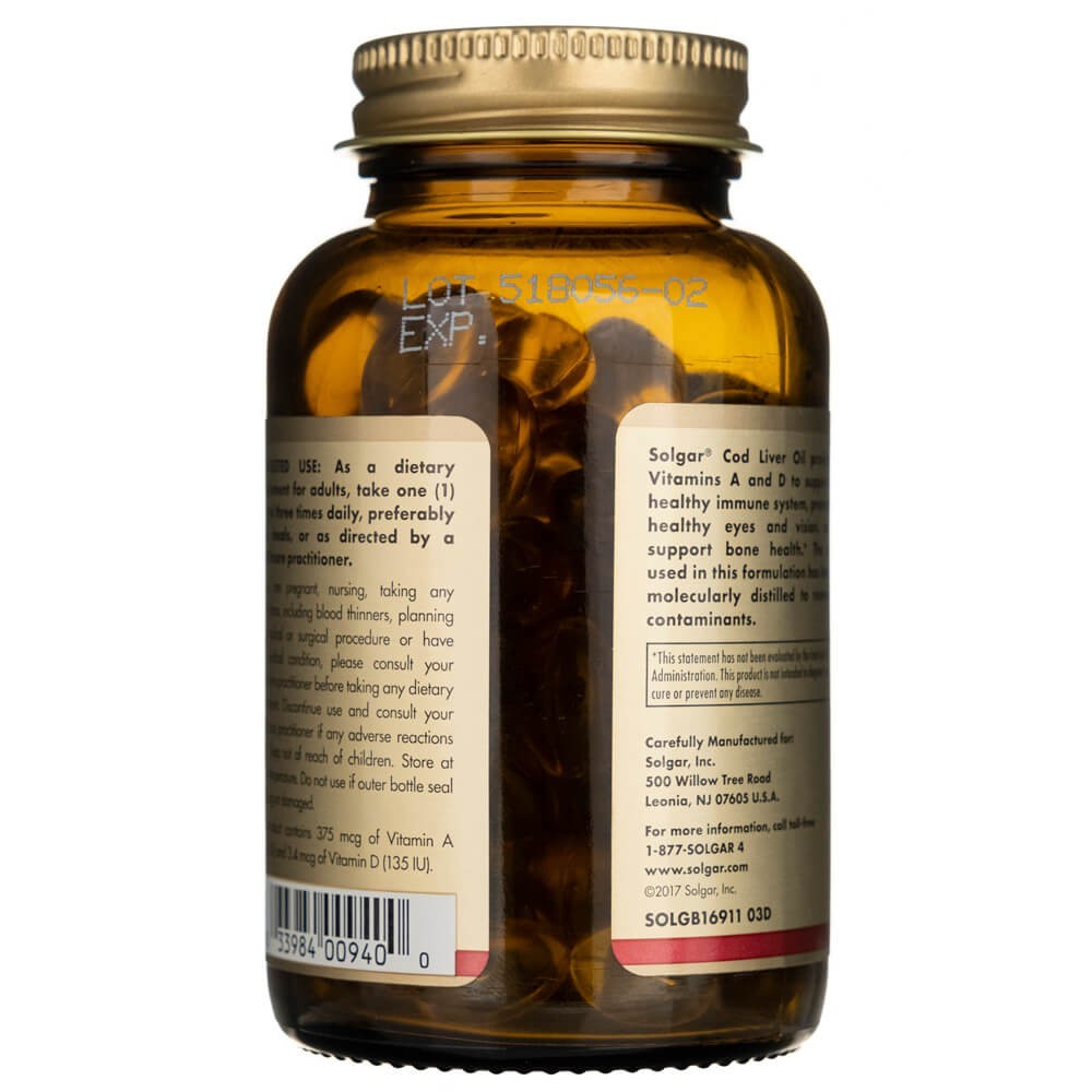 Solgar menkių kepenų aliejus (vitaminas A ir D) - 100 minkštųjų gelių - Magnis.lt
