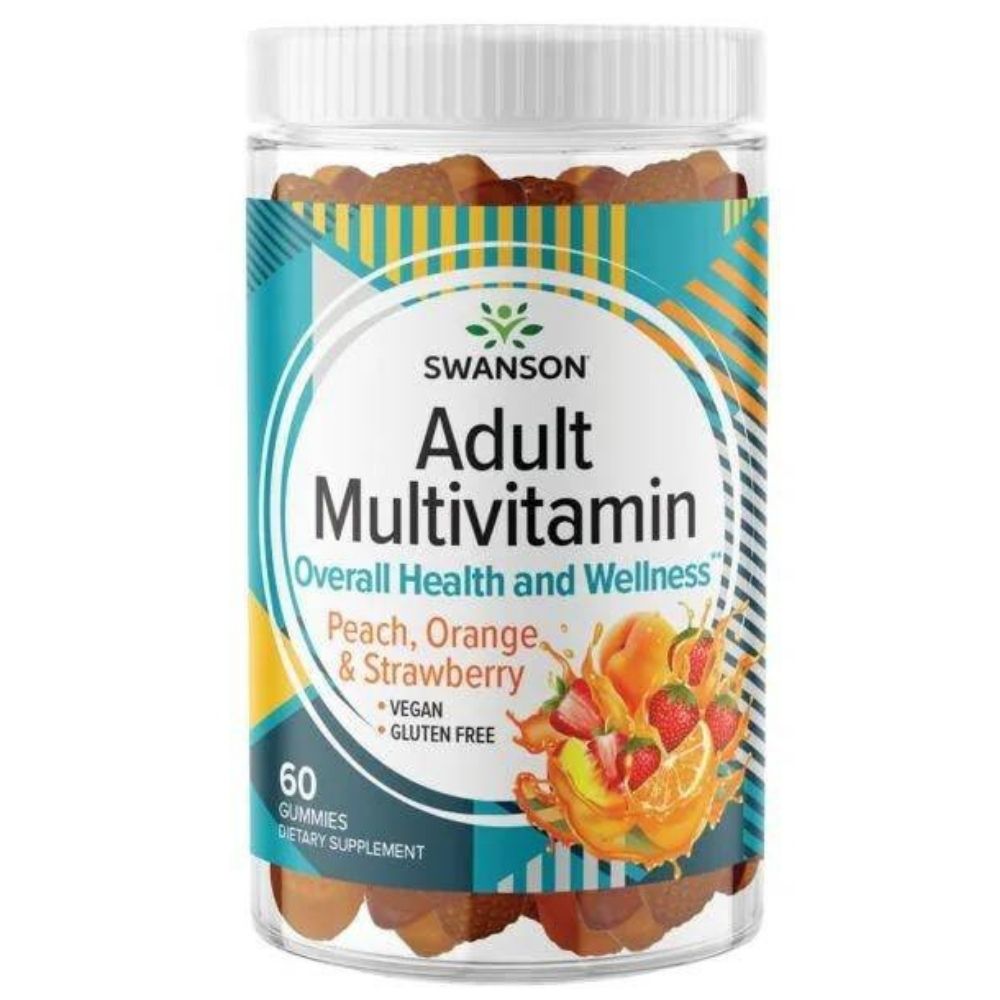 Swanson pieaugušo multivitamīnu želejas konfektes ar persiku, apelsīnu un zemeņu garšu — 60 gab.