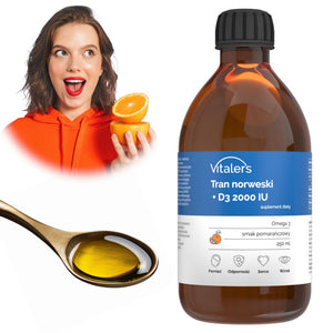 Vitaler Norvēģijas mencu aknu eļļa Omega-3 1200 mg D3 2000 IU, apelsīnu garša, 1200 mg - 250 ml