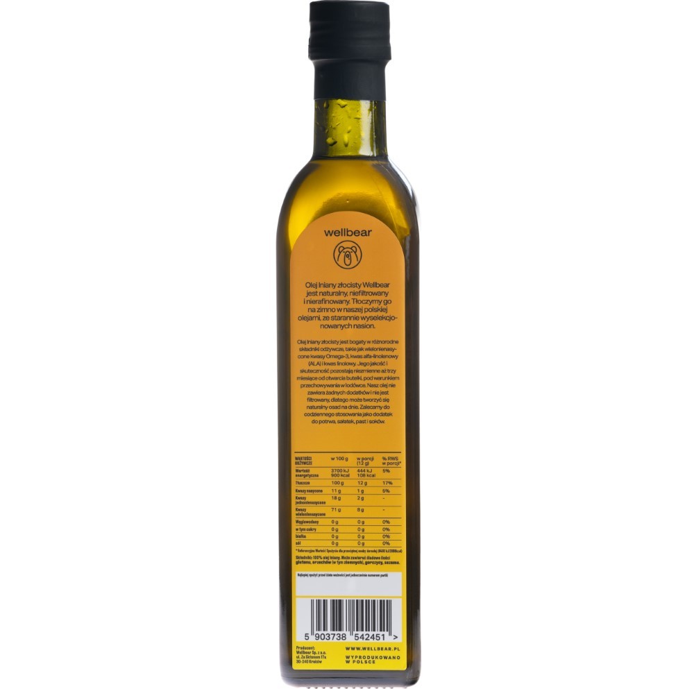Wellbear Golden aukščiausios kvalitātes auksti spiesta linsēklu eļļa - 500 ml