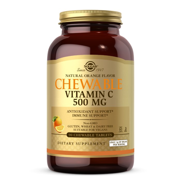 Solgar Chewable Vitamin C 500 mg – C vitamīna pastilas ar apelsīnu garšu, 90 tabletes