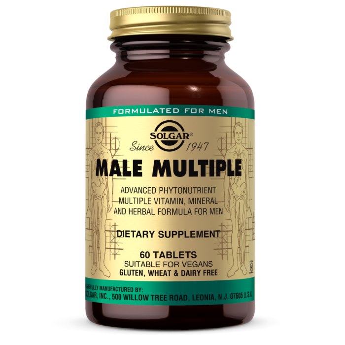 Solgar Male Multiple – speciāla vitamīnu un minerālvielu formula ar dabīgām sastāvdaļām 60 tabletes