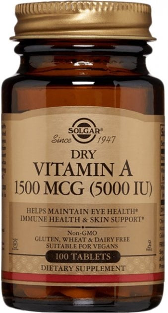 Solgar sausais A vitamīns 5000 SV 1500 mcg – sausais A vitamīns 100 tabletes