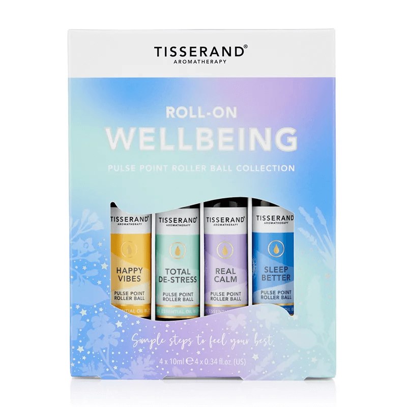 TISSERAND AROMATHERAPY rullīšu dezodorants „Wellbeing“ – ēterisko rullīšu eļļu komplekts garastāvokļa uzlabošanai 4 x 10 ml