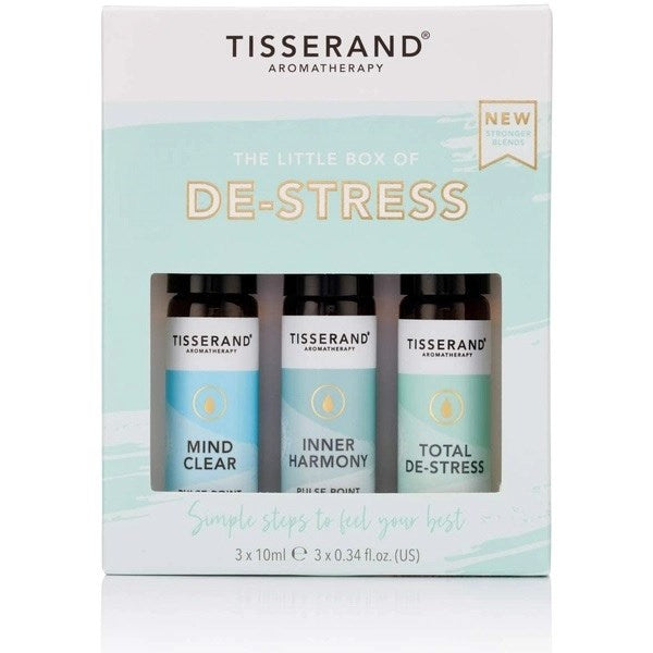 TISSERAND AROMTERAPIJA Neliela stresa mazināšanas kastīte – ēterisko eļļu rullīšu komplekts atpūtai 3 x 10 ml