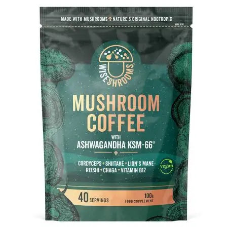WISESHROOMS Sēņu kafija ar ašvagandu KSM-66 - Sēņu kafija ar ašvagandu 100 g