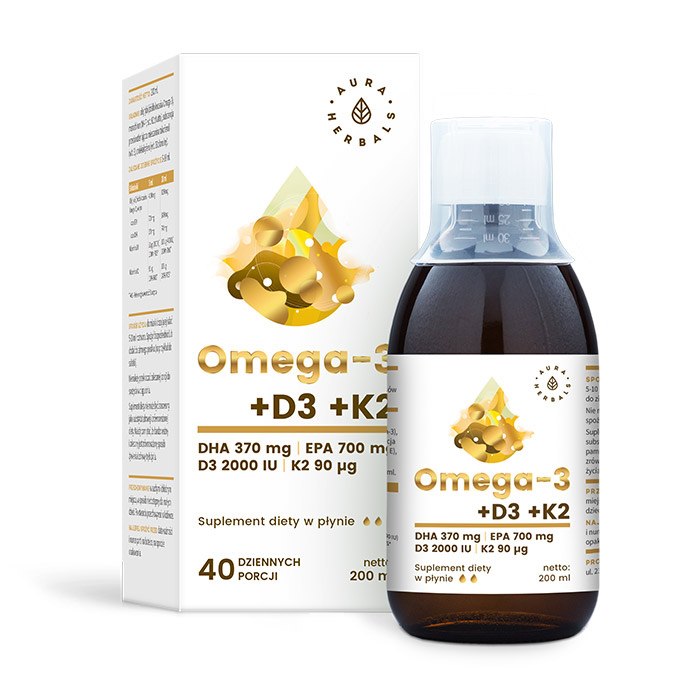 AURA HERBALS Omega-3 370 DHA + D3 2000 SV + K2MK7 šķidrums 200 ml
