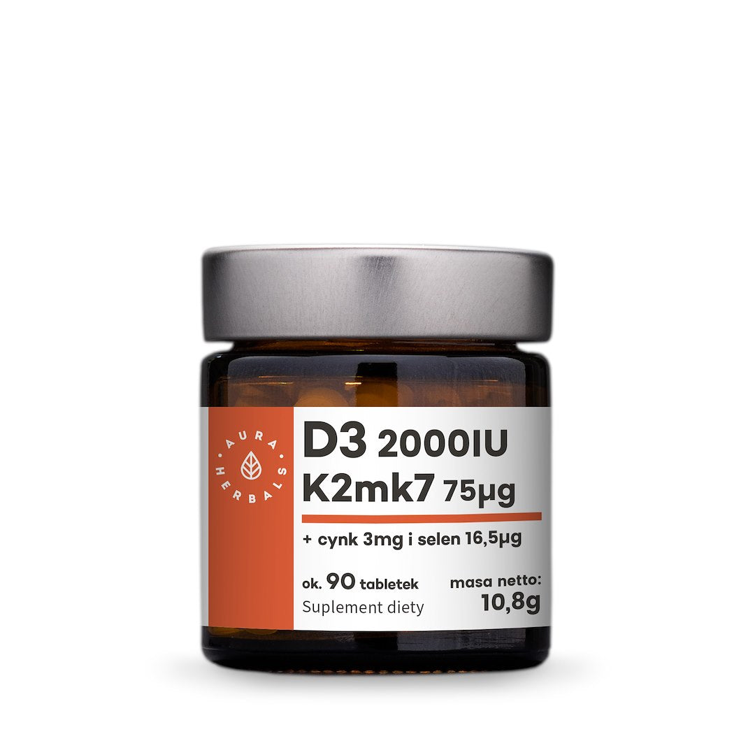 AURA HERBALS D3 vitamīns 2000 SV + K2mk7 + cinks + selēns, 90 tabletes