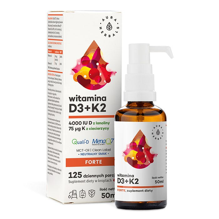 AURA HERBALS D3 + K2mk7 vitaminas MCT aliejus 50 ml
