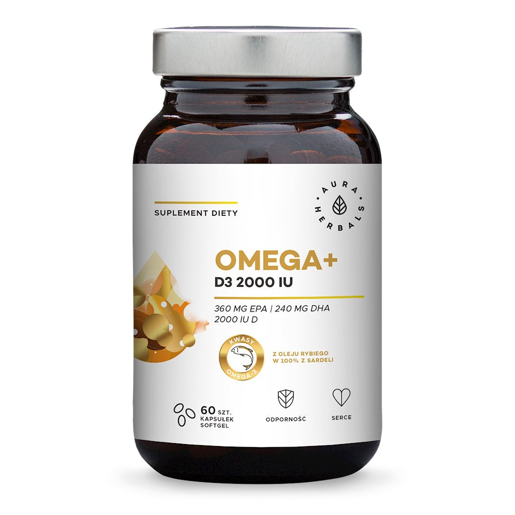 AURA HERBALS Omega+ D3 vitamīns 2000 SV /holekalciferols/ 50 µg 60 kapsulas