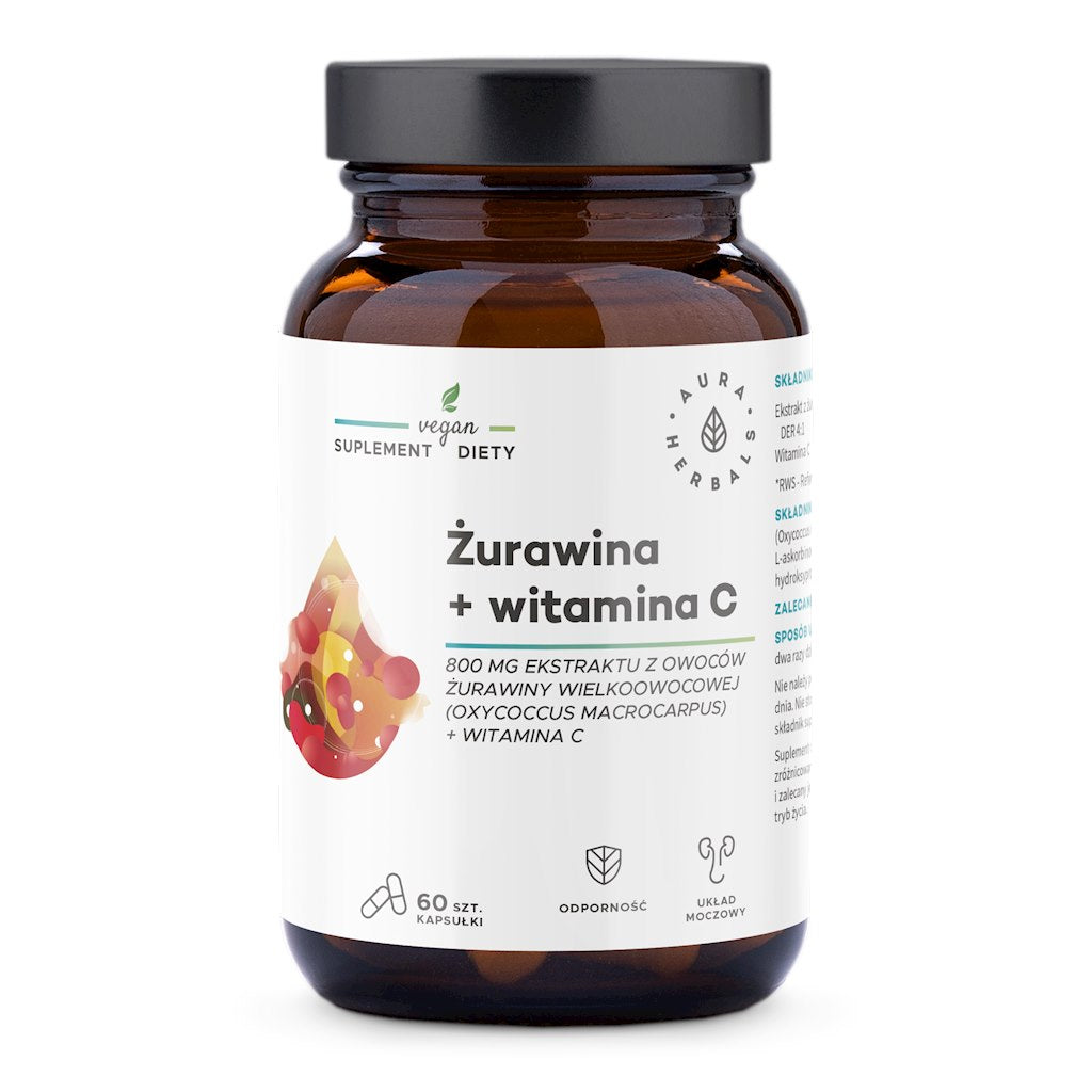 AURA HERBALS Dzērveņu 800 mg + C vitamīns 200 mg 60 kapsulas