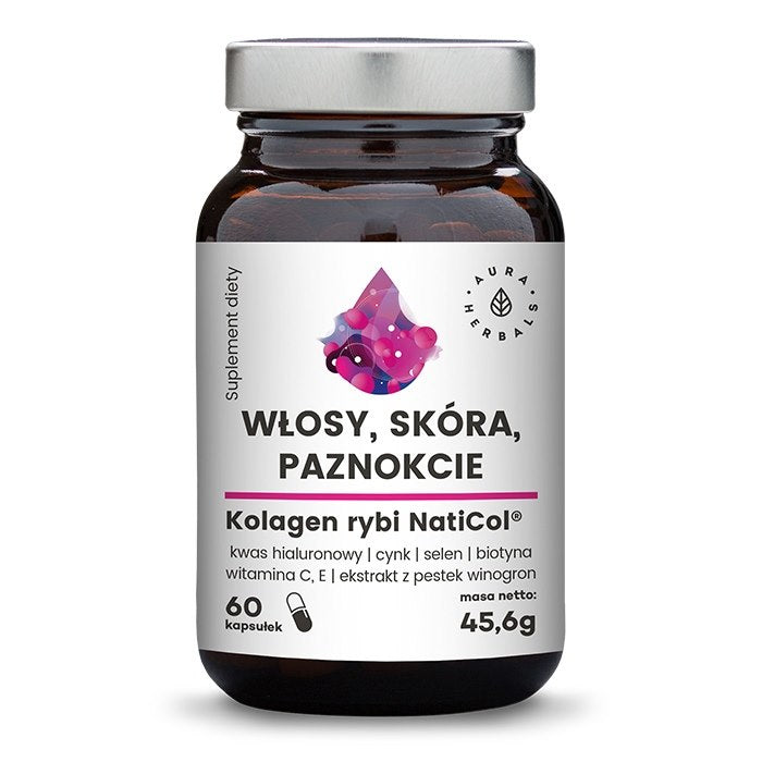 AURA HERBALS zivju kolagēns NatiCol 800 mg - matiem, ādai, nagiem 60 kaps.