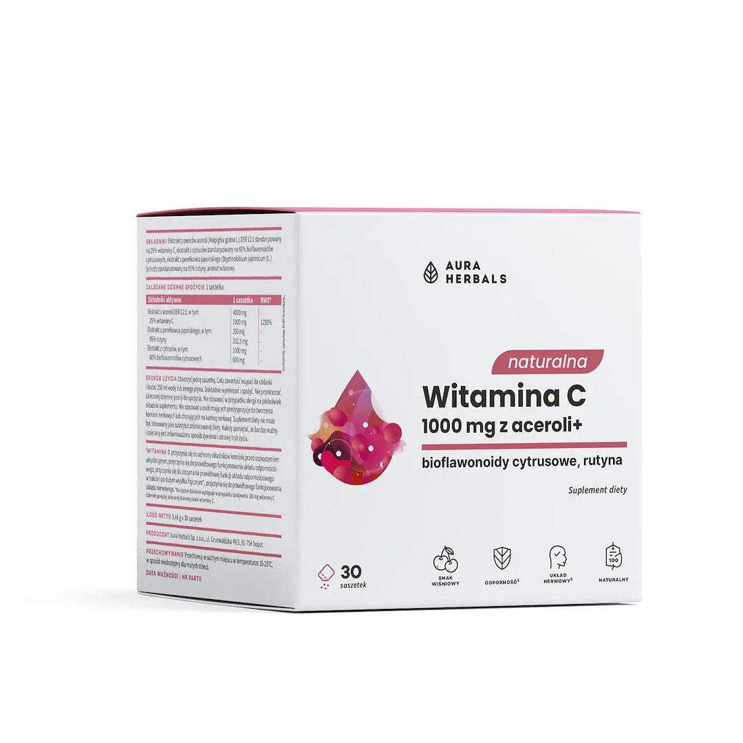 AURA HERBALS dabiskais C vitamīns 1000 mg no acerolas augļiem, paciņās 30 gab.