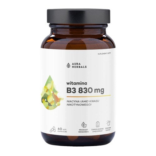 AURA HERBALS Vitamīns B3 830 mg, niacīns 60 kapsulas