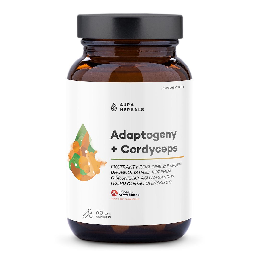 AURA HERBALS Adaptogēni, augu ekstrakti + kordicepss 60 kaps.