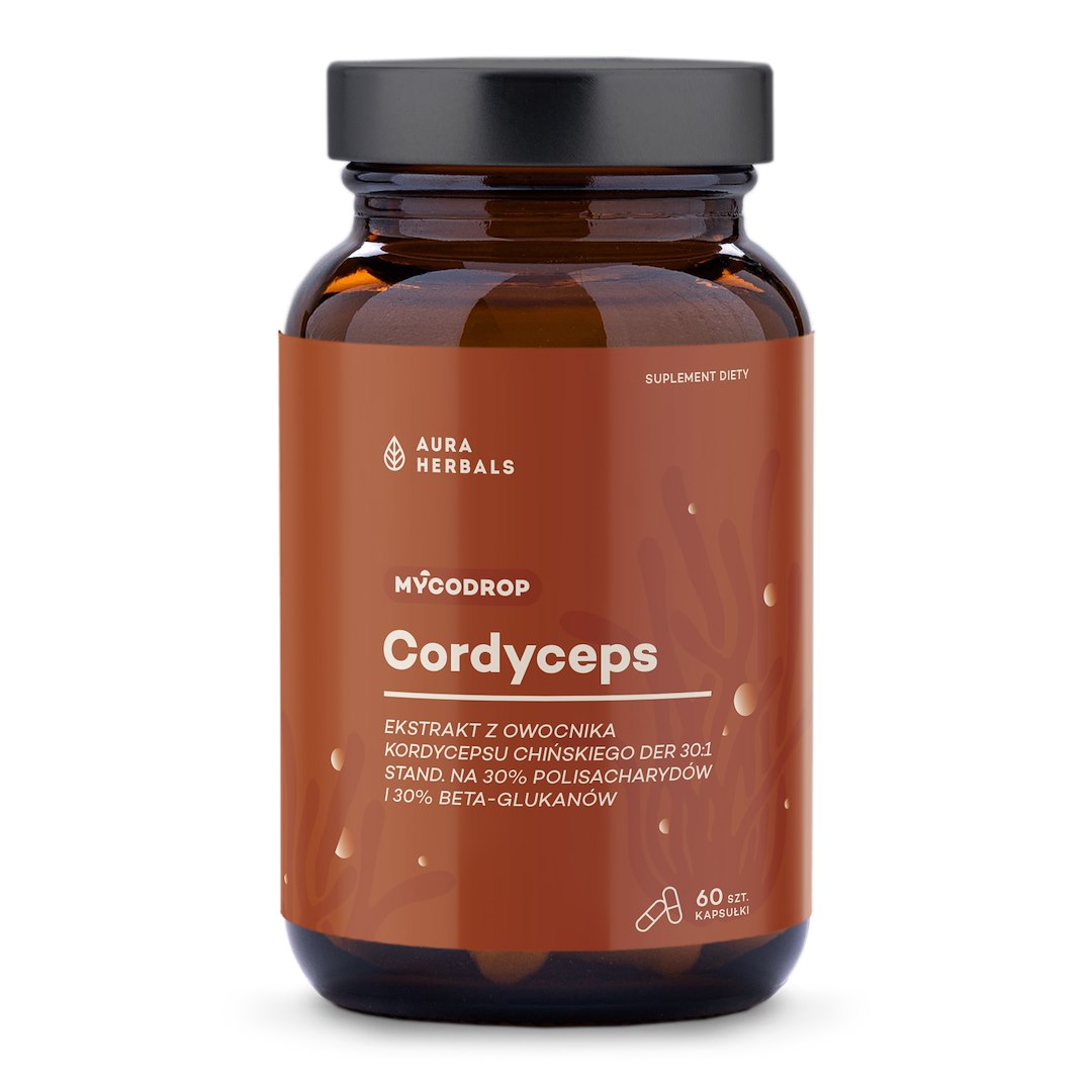 AURA HERBALS Mycodrop, Cordyceps 30:1, 30 % beta glikānu 60 kapsulas