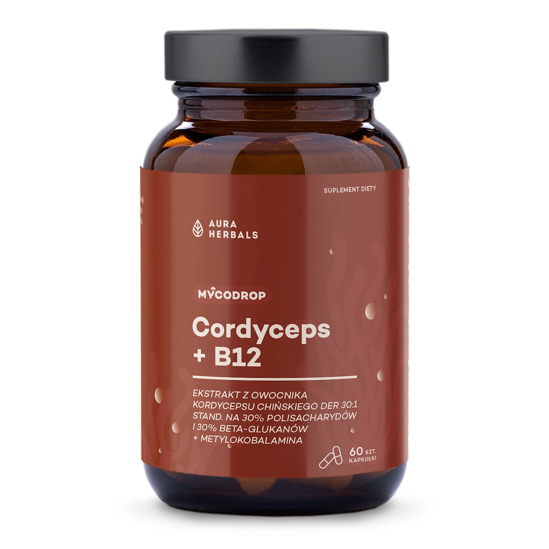 AURA HERBALS Mycodrop, Kordicepss 30:1 + B12, 30 % beta glikānu 60 kapsulas