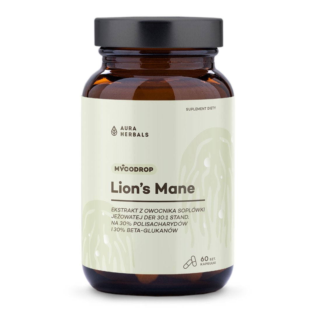AURA HERBALS Mycodrop, lauvu gribenis 30:1, 30 % beta glikāni 60 kapsulas