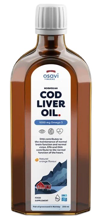 Osavi Norvēģijas mencu aknu eļļa 1000 mg Omega 3, dabīgs apelsīnu aromāts 250 ml