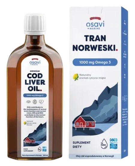 Osavi Norvēģijas mencu aknu eļļa, 1000 mg Omega 3 citrona un piparmētru 500 ml