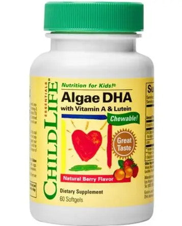 CHILDLIFE dumbļu DHA ar A vitamīnu un luteīnu - DHA no aļģēm + A vitamīns + luteīns bērniem 60 kaps.