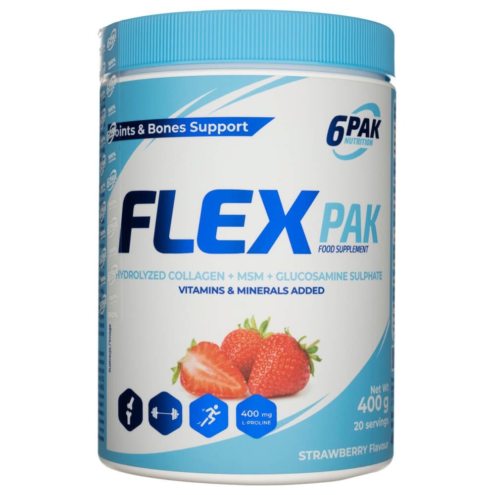 6PAK Flex Pak, hidrolizēts kolagēns + MSM + glikozamīna sulfāts, zemeņu garša - 400 g