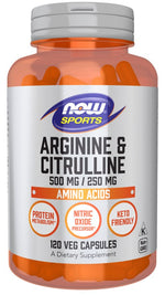 NOW FOODS L-arginīns 500 mg + L-citrulīns 250 mg 120 kapsulas