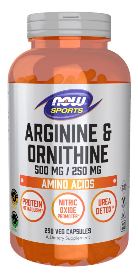 NOW FOODS L-arginīns 500 mg + L-ornitīns 250 mg 250 kaps.